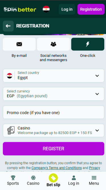 Spinbetter One-Click Registration