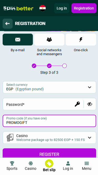 Spinbetter Registration via Email