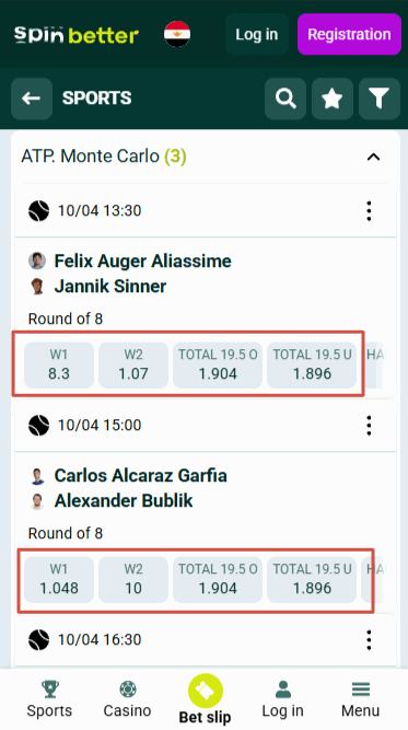 Spinbetter Tennis Betting Odds