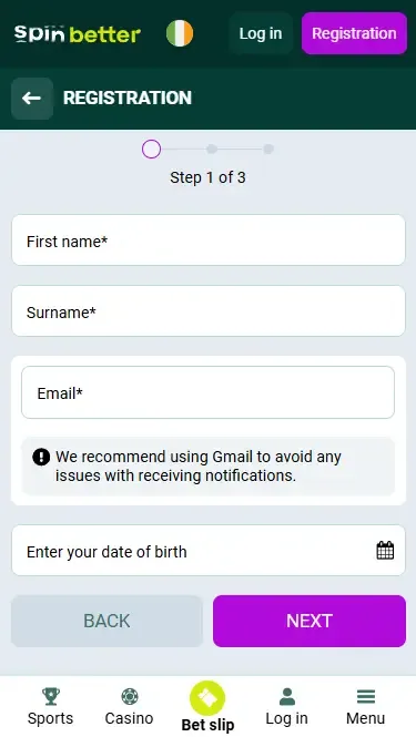 Spinbetter Ireland Registration via Email