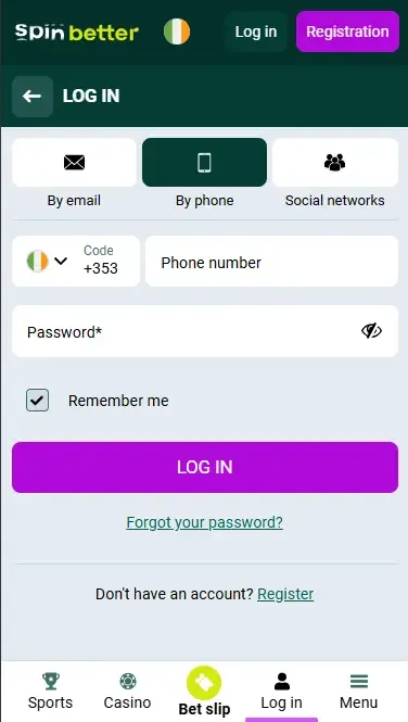 Spinbetter Ireland Login via Phone Number