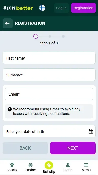 Spinbetter Finland Registration via Email