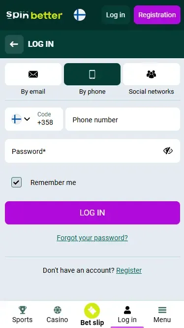 Spinbetter Finland Login via Phone Number