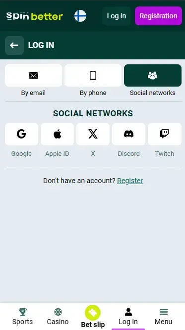 Spinbetter Finland Login via Social Nets