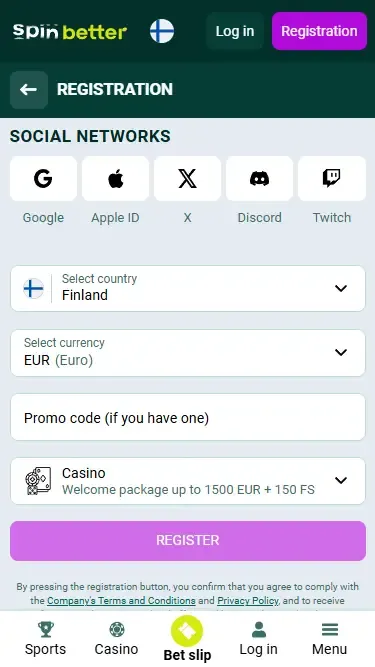 Spinbetter Finland Registration via Social Nets