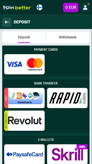 Spinbetter Finland Deposit Methods