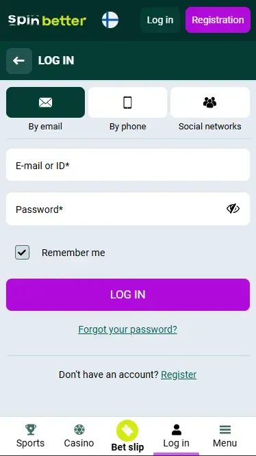 Spinbetter Finland Login via Email