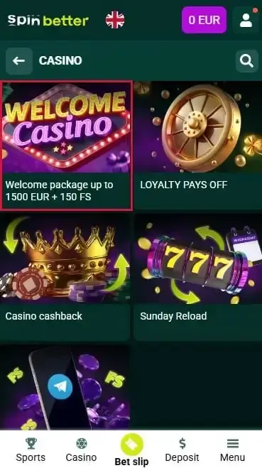 Spinbetter United Kingdom: Casino Welcome Bonus