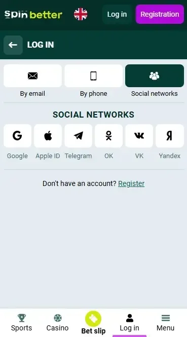 Spinbetter GB Login via Social Nets