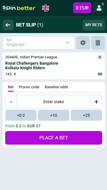 Spinbetter United Kingdom: Cricket Bet Slip