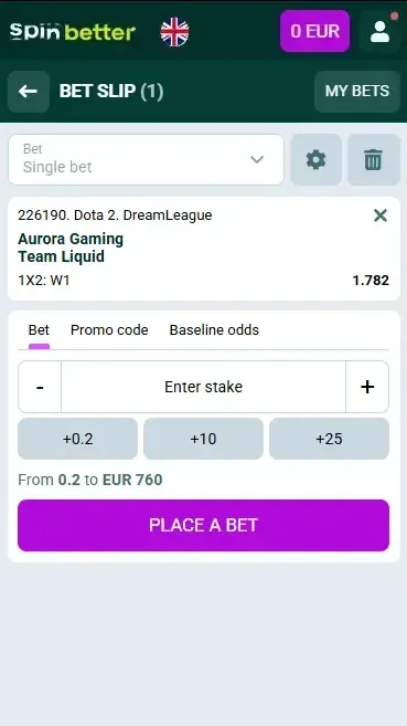 Spinbetter UK: Esport Bet Slip