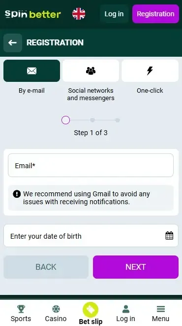 Spinbetter Registration via Email