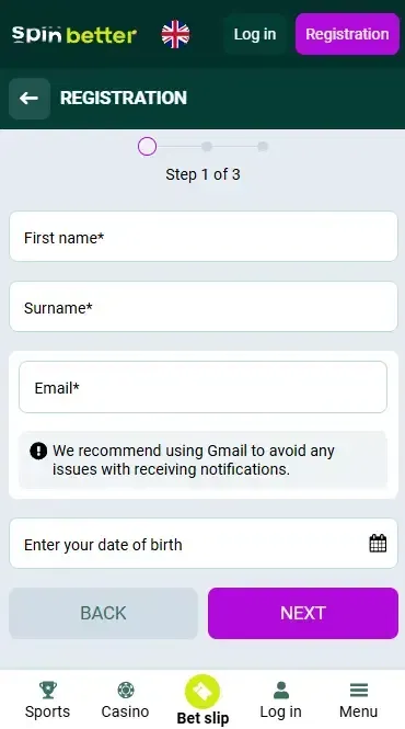 Spinbetter United Kingdom Registration via Email