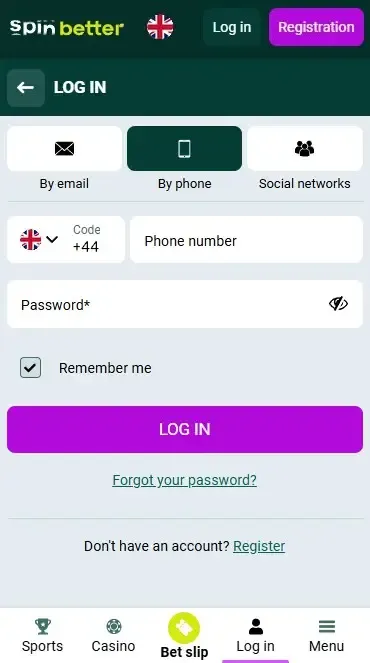 Spinbetter United Kingdom Login via Phone Number