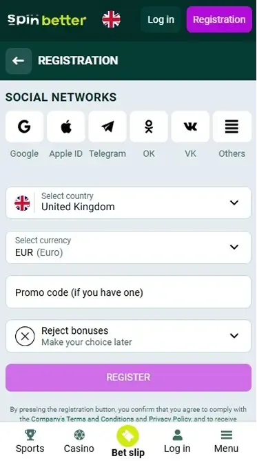Spinbetter United Kingdom Registration via Social Networks