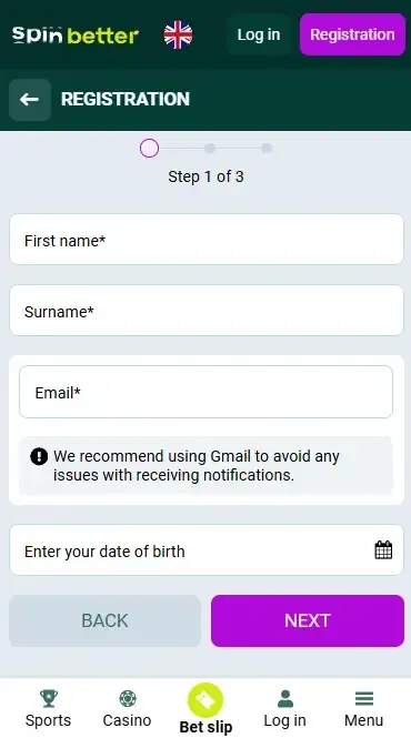 Spinbetter Registration via email in the United Kingdom