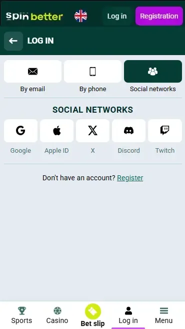 Spinbetter UK: Login via Social Nets