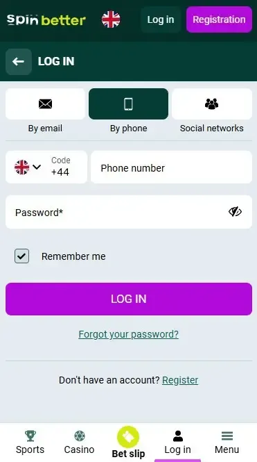 Spinbetter United Kingdom: Sign in by phone number
