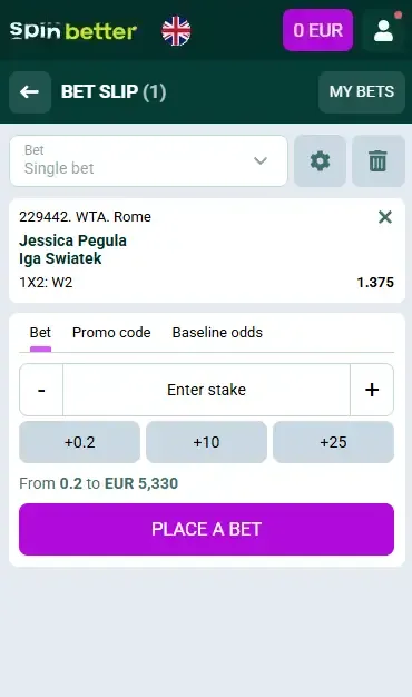 Spinbetter UK Bet Slip
