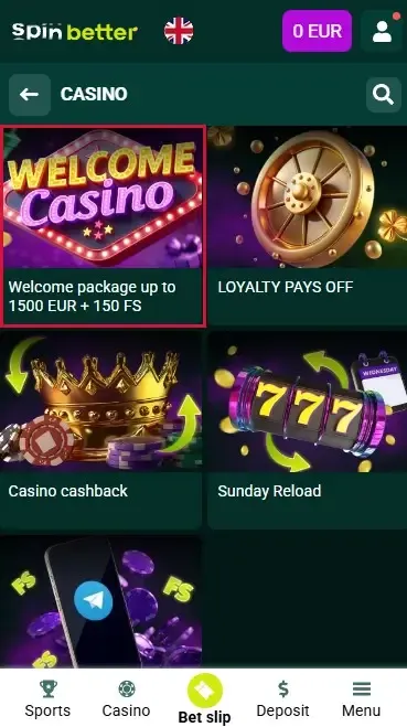 Spinbetter UK Casino Welcome Package