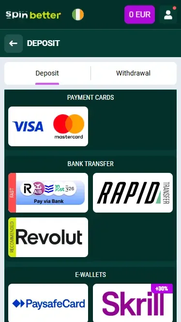 Spinbetter Ireland Deposit Methods