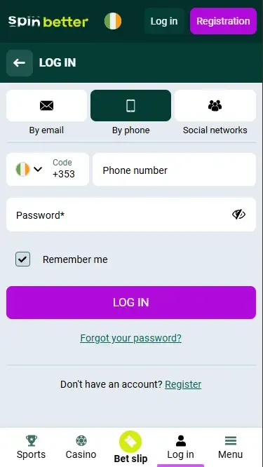 Spinbetter Ireland Login via Phone Number