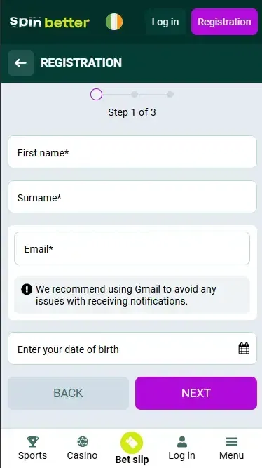 Spinbetter Ireland Registration via Email