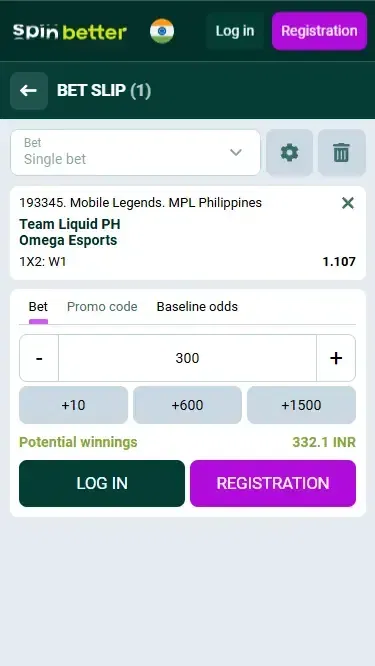 Spinbetter India: Esport Bet Slip