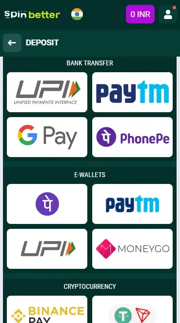 Spinbetter India: Deposit Options