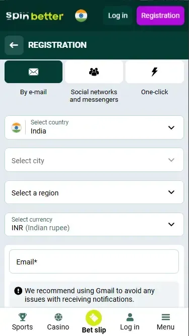 Spinbetter India Registration via Email