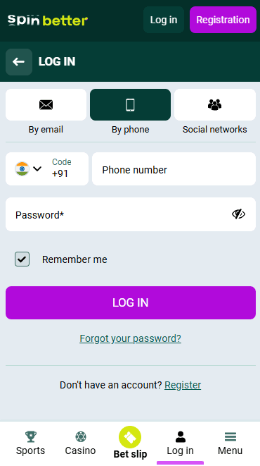 Spinbetter Login via Phone Number