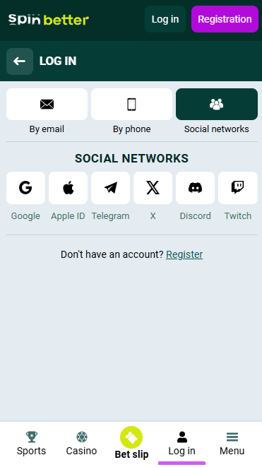 Spinbetter Login via Social Nets