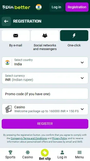 Spinbetter One-Click Registration in India