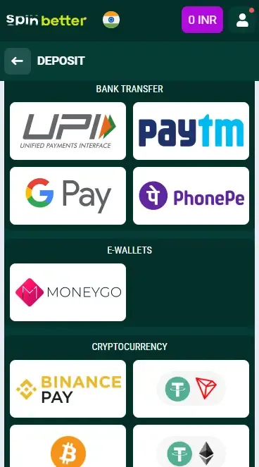 Spinbetter India Deposit Methods