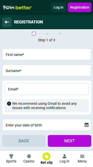 Spinbetter India Registration via Email