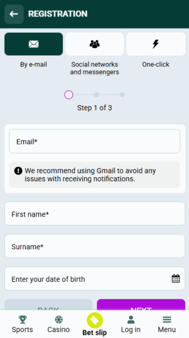 Spinbetter Registration by Email