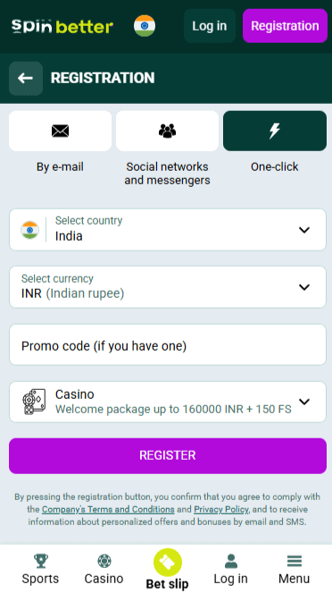 Spinbetter One-Click Registration