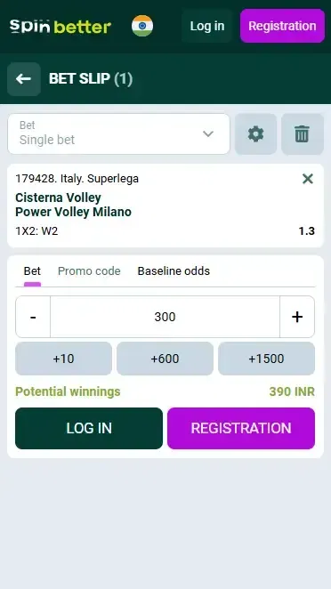 Spinbetter India Volleyball Bet Slip