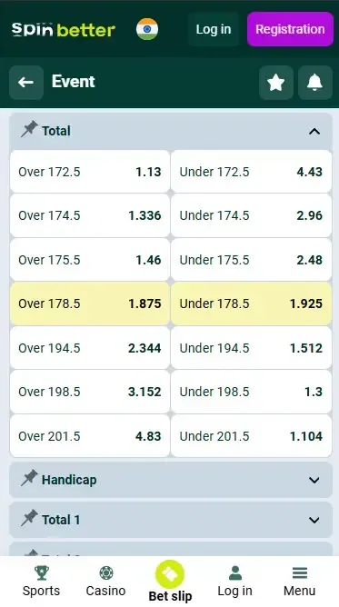 Spinbetter India Volleyball Totals and Handicap