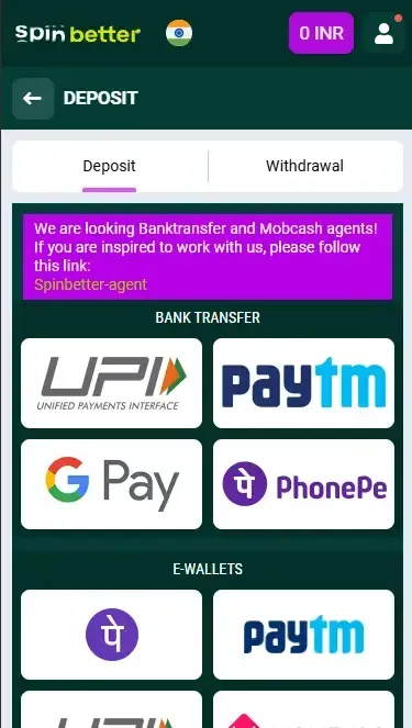 Spinbetter India Deposit Options