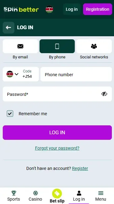 Spinbetter Kenya Login via Phone Number