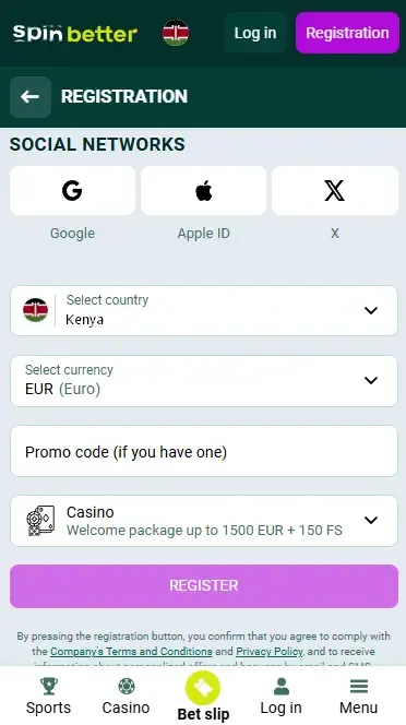 Spinbetter Kenya Registration via Social Nets