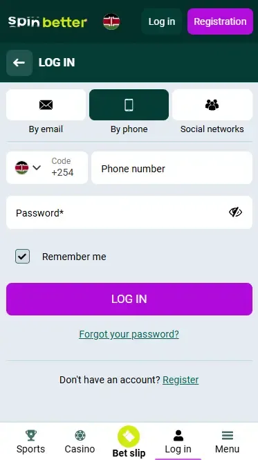 Spinbetter Kenya Login via Phone Number