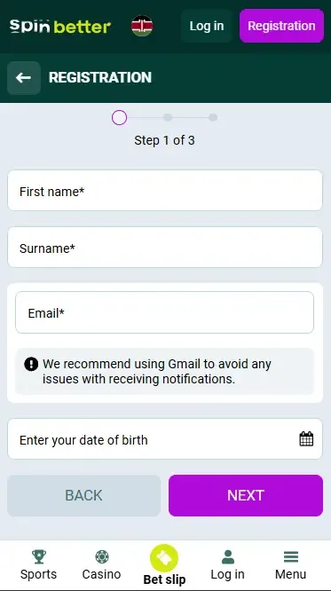 Spinbetter Kenya Registration via Email