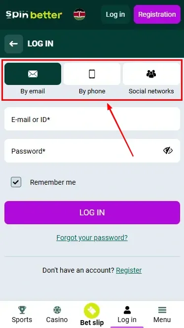 Spinbetter KE: Ways to Log In