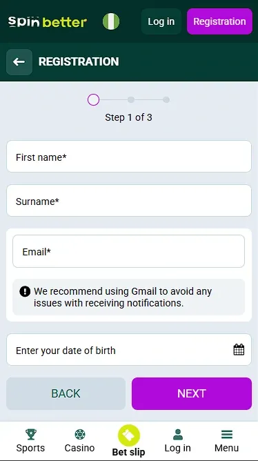 Spinbetter Nigeria Registration via Email