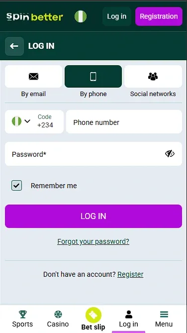 Spinbetter Nigeria Login via Phone Number