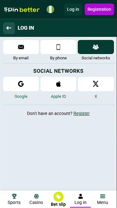 Spinbetter NG Login via Social Nets