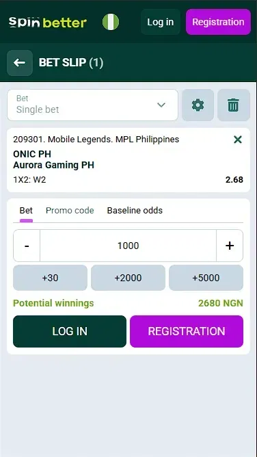 Spinbetter Nigeria: Esport Bet Slip