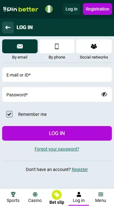 Spinbetter Nigeria Login via Email